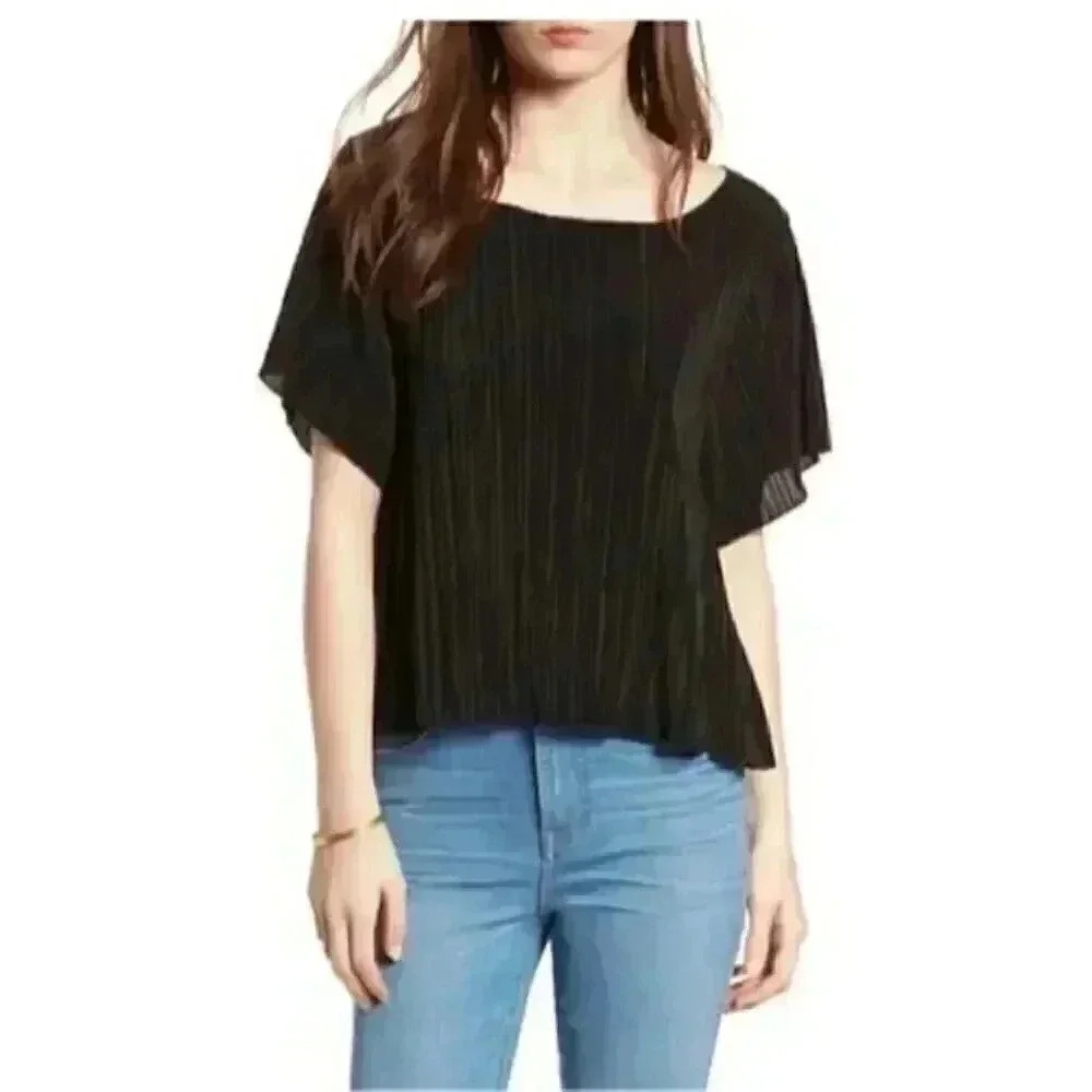 MADEWELL WOMEN'S BLACK SHORT SLEEVE TEXTURE & THREAD MICROPLEAT TOP XXS